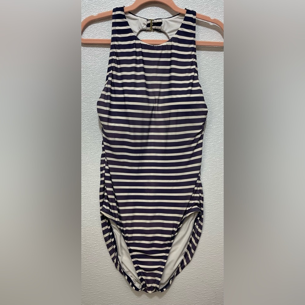 5/$25 Lands' End Navy and White Striped Swimsuit With Gold Back Clip Detail